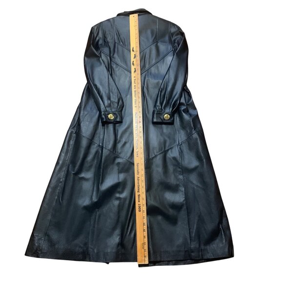Womens Black Leather Long Trench Coat Gold Button NOS Goth Matrix Steampunk - Picture 11 of 12